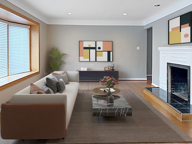 living room with hardwood / wood-style floors and a tile fireplace