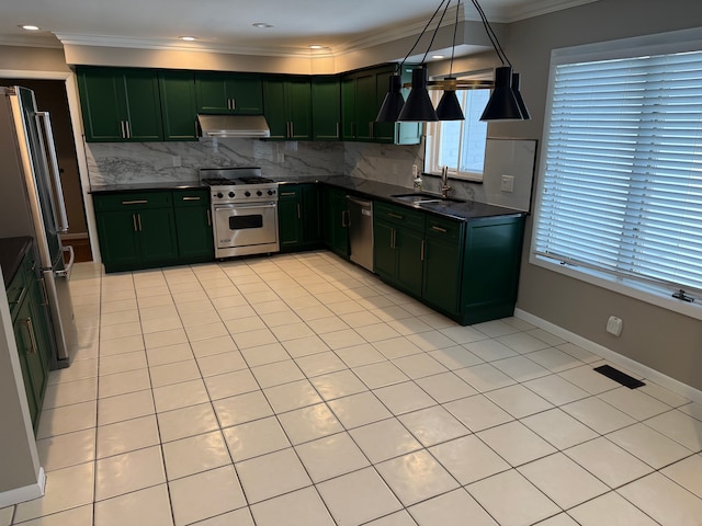 kitchen featuring stainless steel appliances, sink, backsplash, hanging light fixtures, and light tile patterned floors