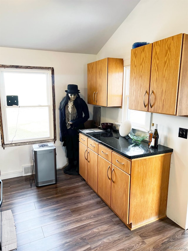 2360 Virginia Ave, Saginaw, MI 48601 - kitchen featuring vaulted ceiling, dark countertops, dark wood-style flooring, and brown cabinetry