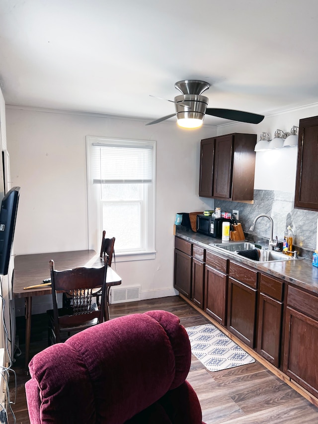 kitchen with backsplash, dark brown cabinetry, ceiling fan, sink, and hardwood / wood-style flooring