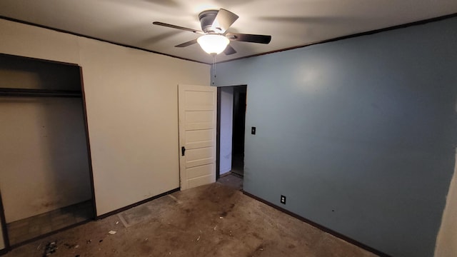 unfurnished bedroom featuring concrete floors, a closet, and ceiling fan