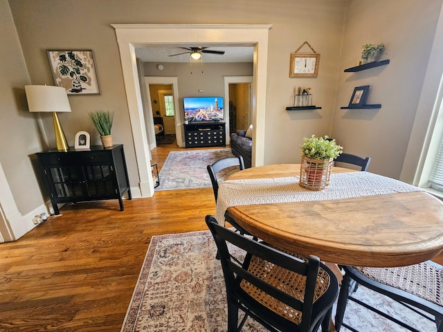 dining space with hardwood / wood-style floors and ceiling fan