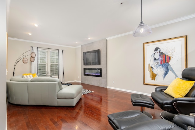 living room featuring crown molding and dark hardwood / wood-style flooring