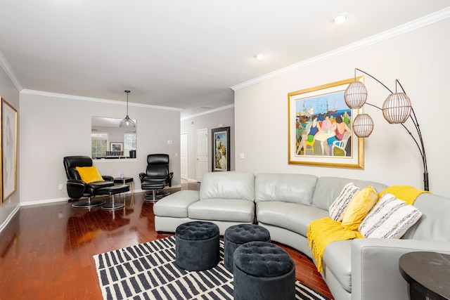 living room featuring hardwood / wood-style floors and ornamental molding