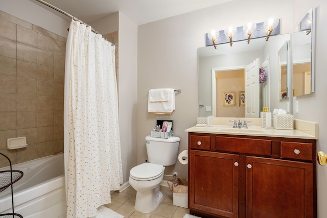 full bathroom featuring toilet, vanity, tile patterned floors, and shower / bathtub combination with curtain