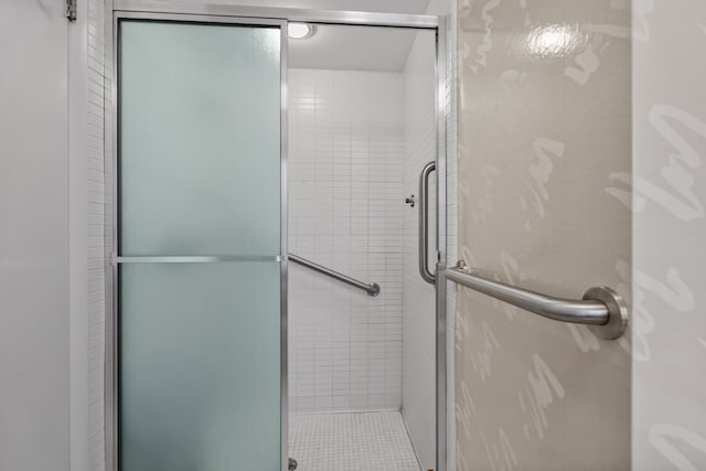 bathroom featuring a shower with shower door