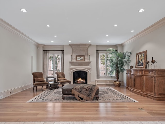 living room featuring crown molding, a large fireplace, and light hardwood / wood-style floors