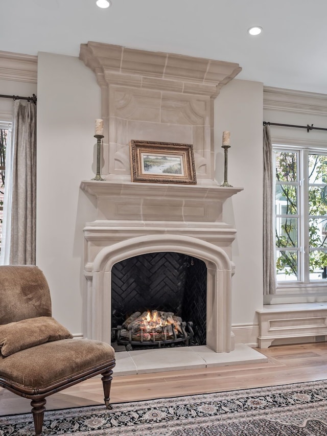 interior details with hardwood / wood-style floors, a large fireplace, and ornamental molding