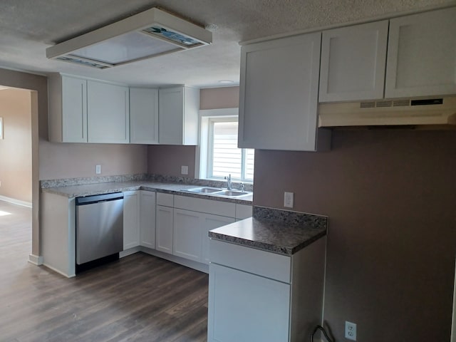 kitchen featuring dark hardwood / wood-style floors, sink, white cabinets, exhaust hood, and stainless steel dishwasher