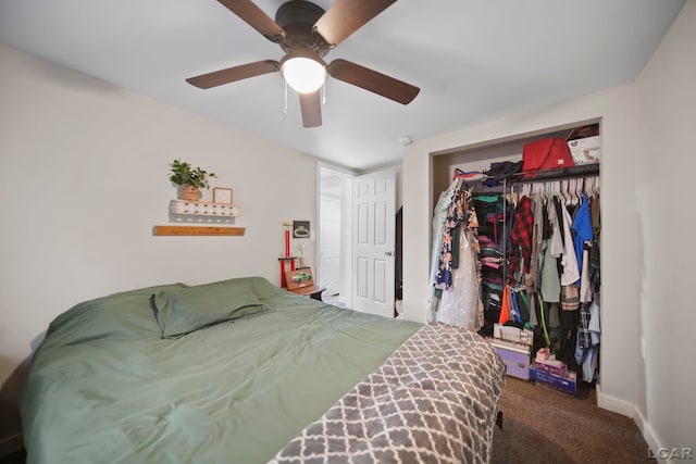 bedroom with carpet flooring, ceiling fan, and a closet