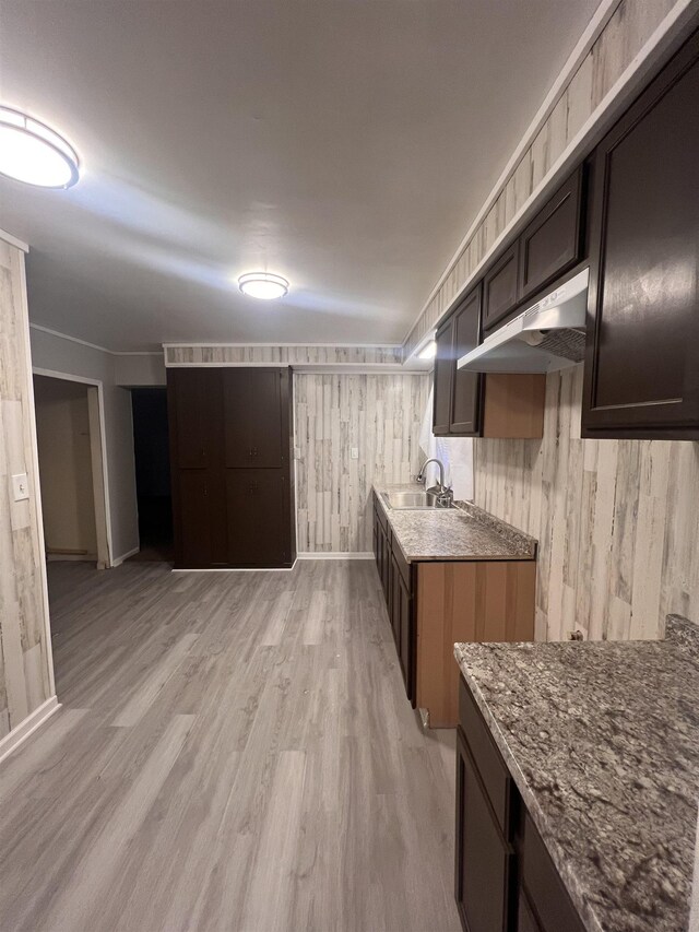 2910 Shawnee Ave, Flint, MI 48507 - kitchen with under cabinet range hood, a sink, light wood-style floors, light stone countertops, and dark brown cabinets