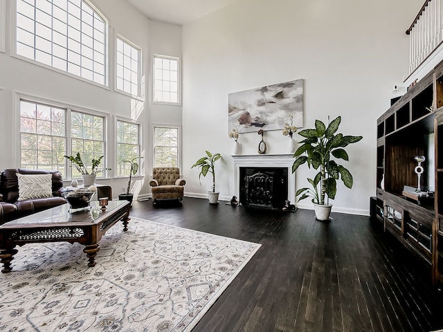 living room with dark hardwood / wood-style flooring and a high ceiling