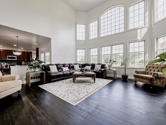 living room featuring dark hardwood / wood-style flooring and a towering ceiling