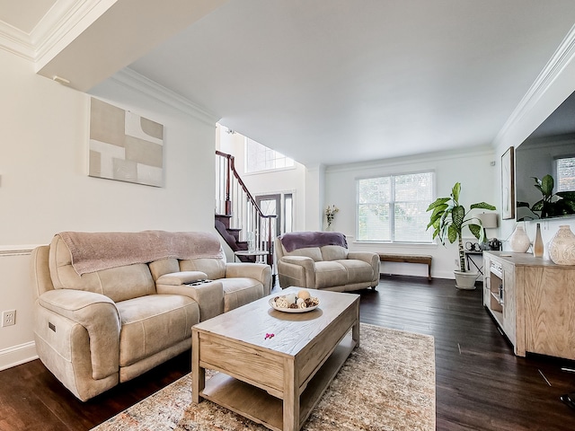 living room with crown molding and dark wood-type flooring