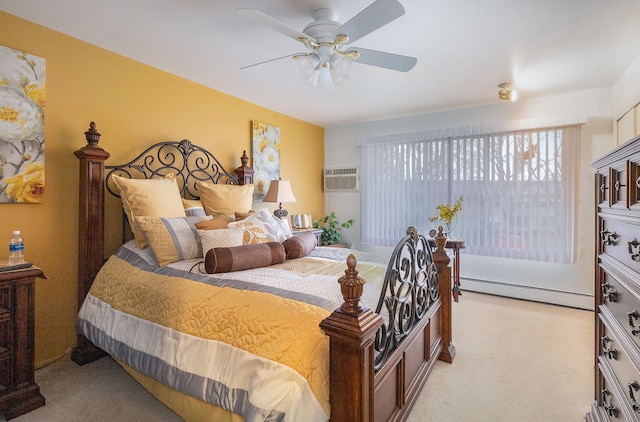 carpeted bedroom with an AC wall unit, ceiling fan, and a baseboard radiator