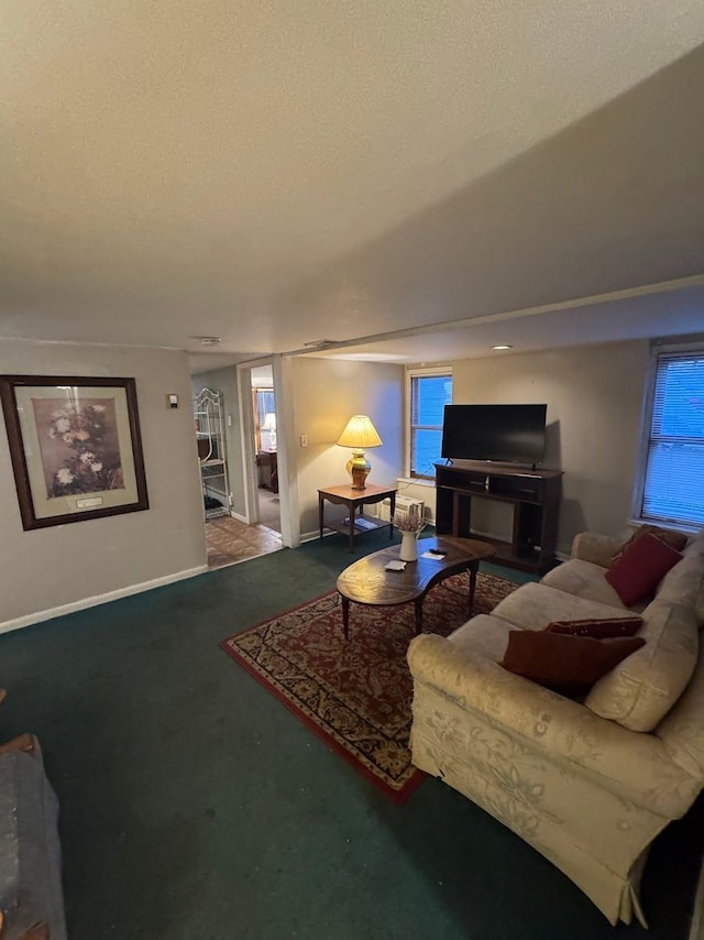 living room featuring carpet and a textured ceiling