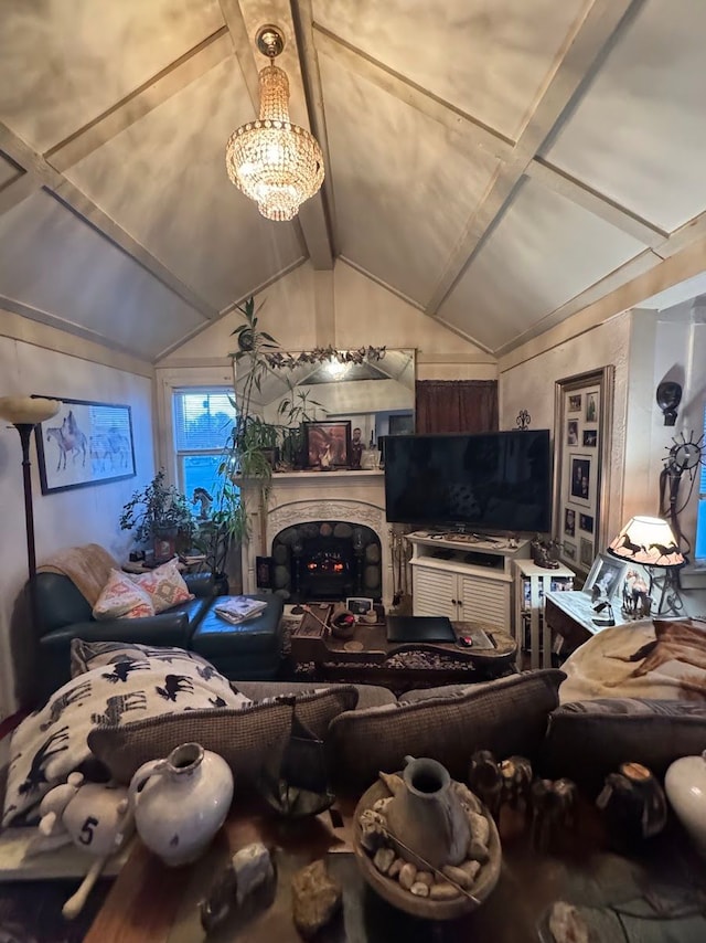 living room featuring a chandelier and lofted ceiling