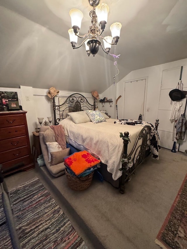 carpeted bedroom featuring lofted ceiling and an inviting chandelier