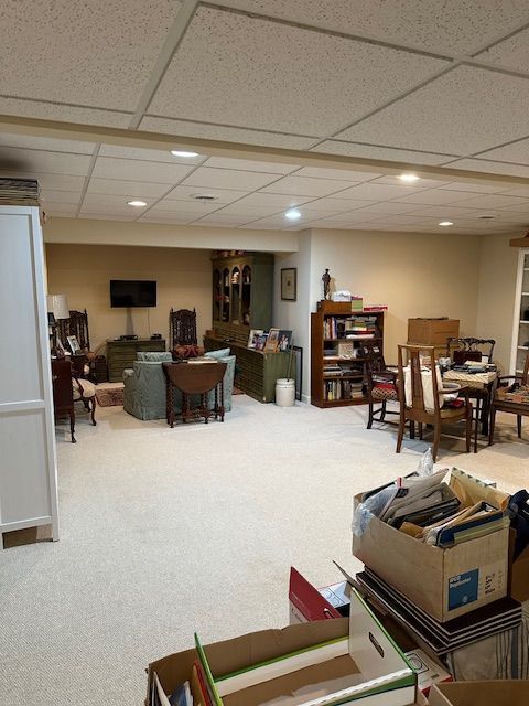 living room featuring carpet and a paneled ceiling