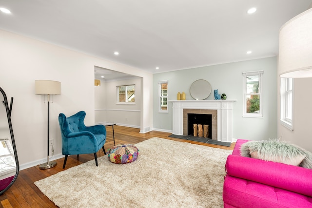 living room with dark hardwood / wood-style flooring