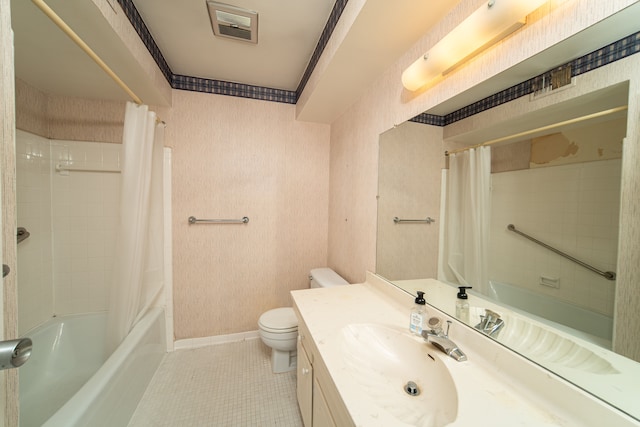 full bathroom with tile patterned flooring, vanity, toilet, and shower / bathtub combination with curtain