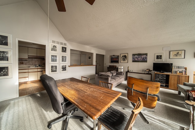 dining area featuring a textured ceiling and high vaulted ceiling