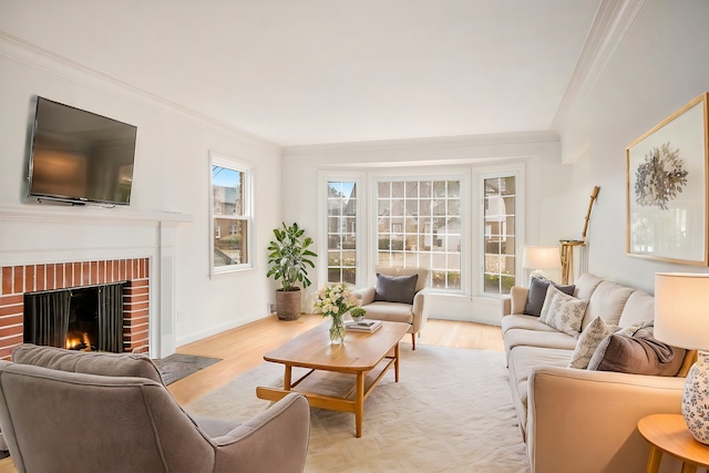 living room featuring a fireplace, light hardwood / wood-style floors, and ornamental molding