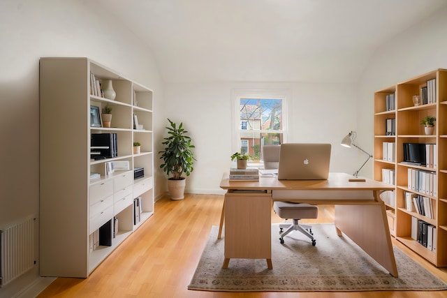 office space featuring light wood-type flooring, vaulted ceiling, and radiator