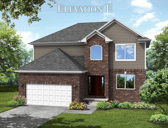 traditional home featuring roof with shingles, a front lawn, concrete driveway, and brick siding