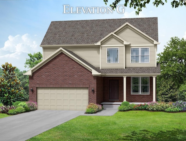 traditional-style house with concrete driveway, brick siding, roof with shingles, and a front yard