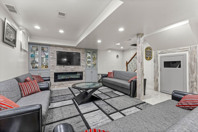 living room with a fireplace