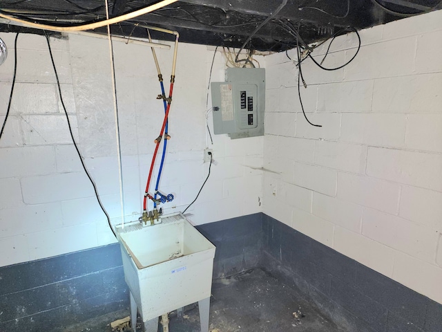 basement featuring electric panel and sink