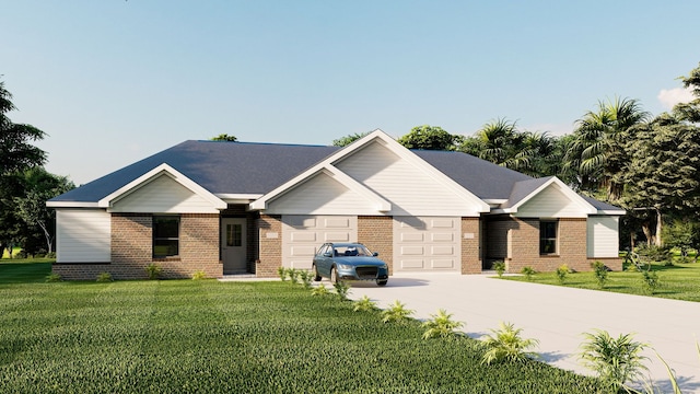 ranch-style home with a garage, driveway, a front lawn, and brick siding