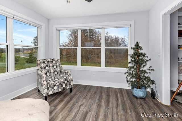 sitting room with ceiling fan and dark hardwood / wood-style flooring