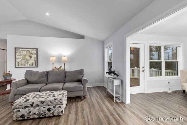 living room featuring hardwood / wood-style flooring and vaulted ceiling