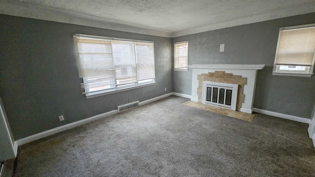 unfurnished living room with carpet and a textured ceiling