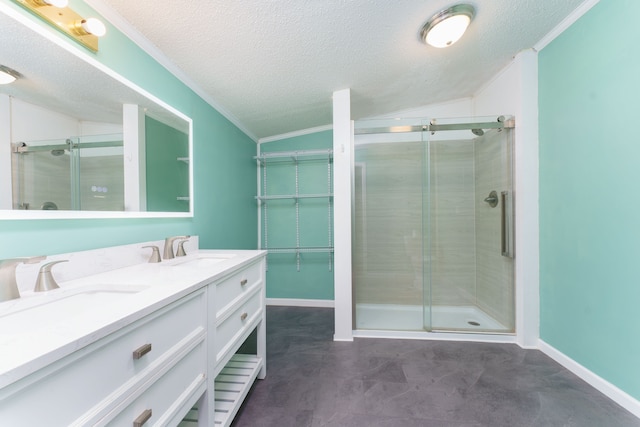 bathroom with a textured ceiling, vaulted ceiling, and walk in shower