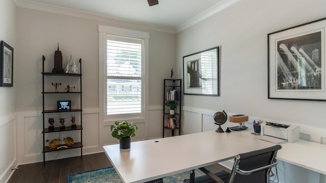 office area featuring dark hardwood / wood-style flooring and crown molding