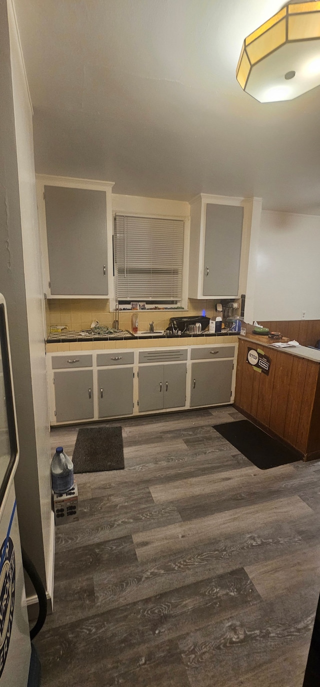 kitchen with white cabinetry and dark wood-type flooring