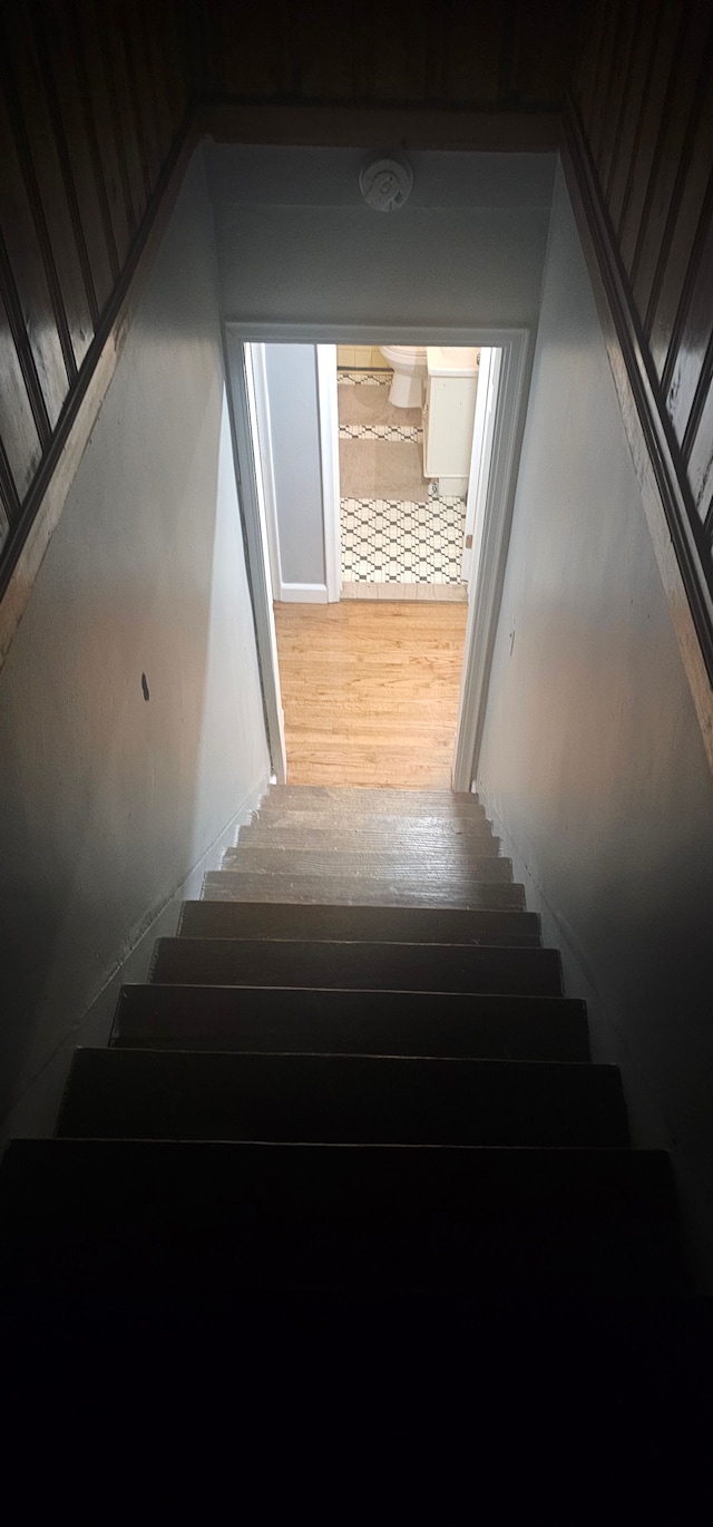 stairs with hardwood / wood-style floors