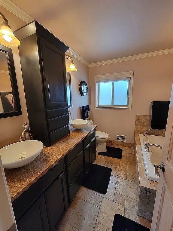 bathroom featuring a bathing tub, toilet, vanity, and ornamental molding