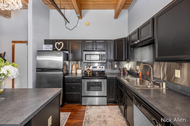 kitchen featuring sink, wooden ceiling, dark hardwood / wood-style flooring, beamed ceiling, and appliances with stainless steel finishes