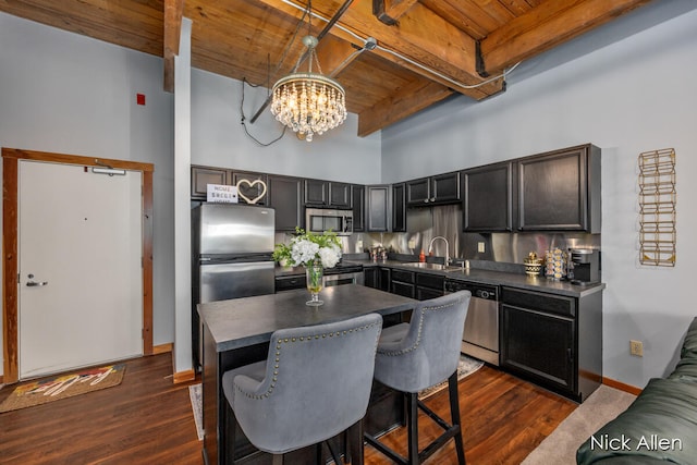 kitchen featuring dark hardwood / wood-style flooring, wood ceiling, stainless steel appliances, sink, and beamed ceiling