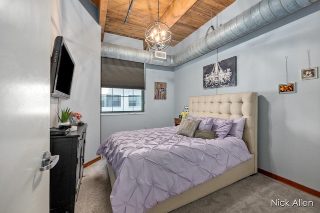 bedroom with carpet flooring, a notable chandelier, and wood ceiling