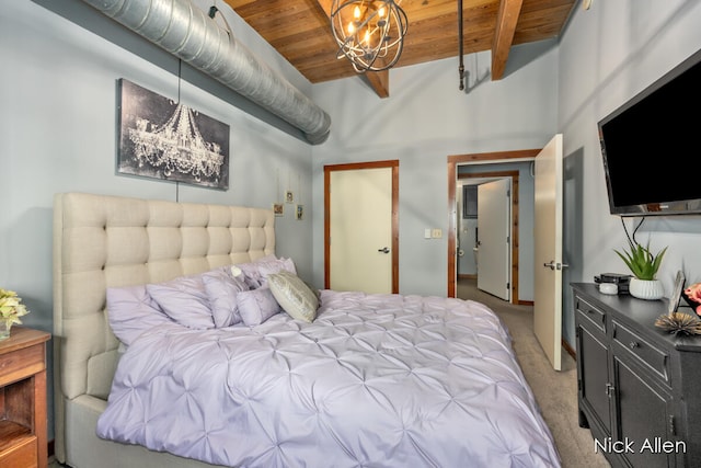 carpeted bedroom featuring beamed ceiling, wood ceiling, and an inviting chandelier