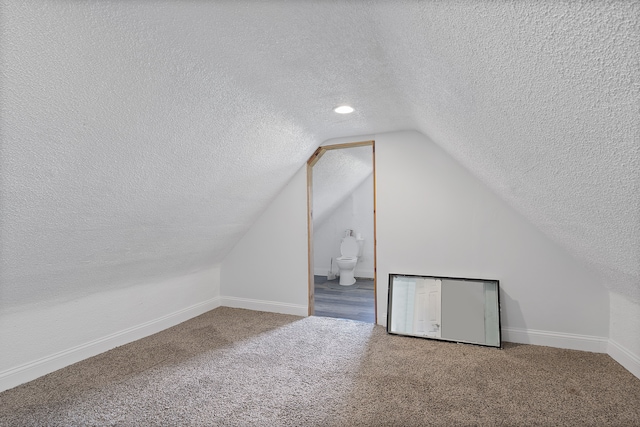 additional living space featuring carpet, a textured ceiling, and vaulted ceiling