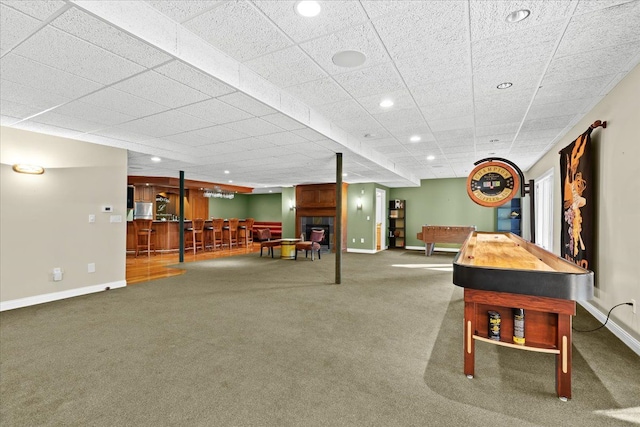 playroom with carpet floors, a drop ceiling, and pool table