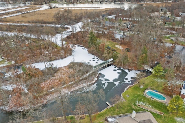 drone / aerial view featuring a water view