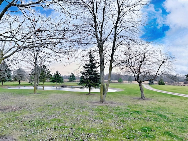 view of home's community featuring a water view and a yard