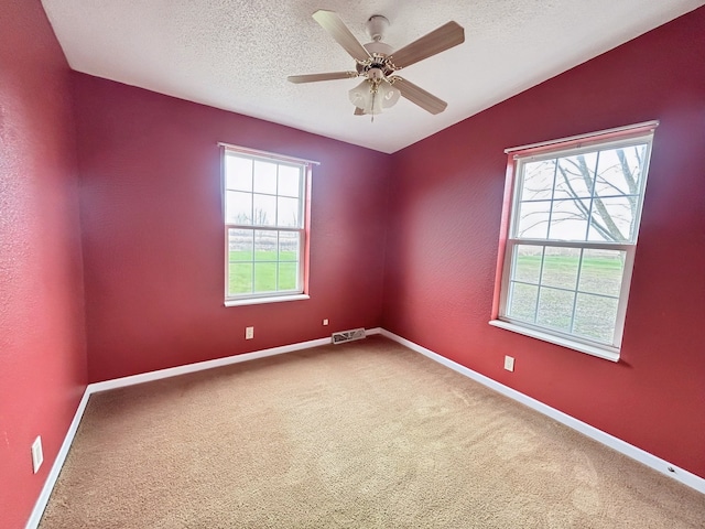 spare room featuring carpet flooring, ceiling fan, a textured ceiling, and a wealth of natural light